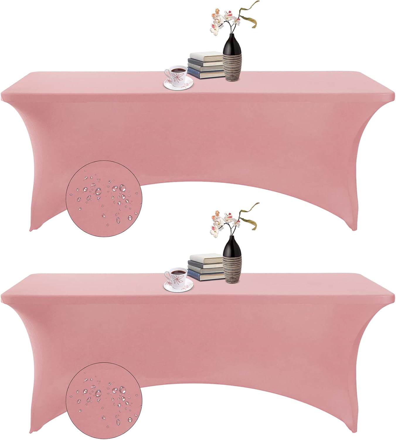2Pack Spandex Waterproof Table Covers 8ft，Spandex 8ft Waterproof Table Cover for Party,Wedding, Banquet, and Events(Dusty Pink)