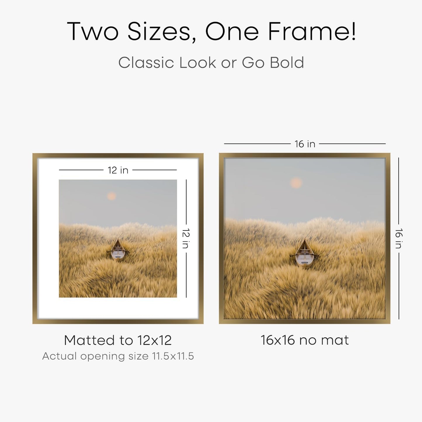 Homeforia 16x16 Picture Bronze Frame, High End Metal 16 x 16 Square Poster Frame with Mat 12 x 12 Photo, 16x16 Brass Frame Matted to 12x12 Print, 16by16 Thin Frames, Tempered Glass, Wall Kit, Set of 1