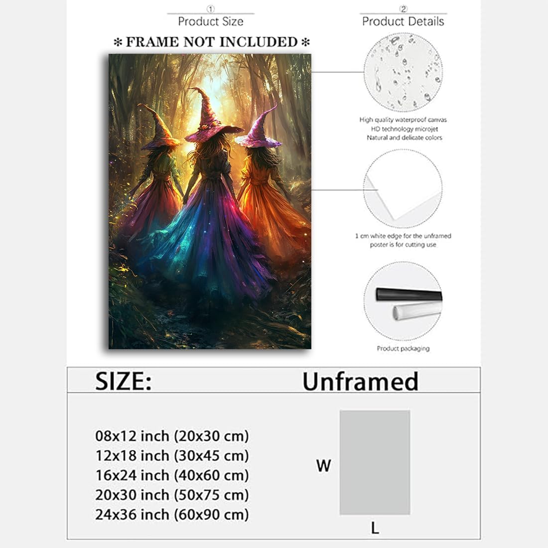 Halloween Room Decor Wall Art Colorful Witch Prints,Vintage Three Colorful Witches in Forest Halloween Posters,Fall Fantasy Aesthetic Pictures Playful Art Wall Decor for Bedroom,20"x30" Unframed