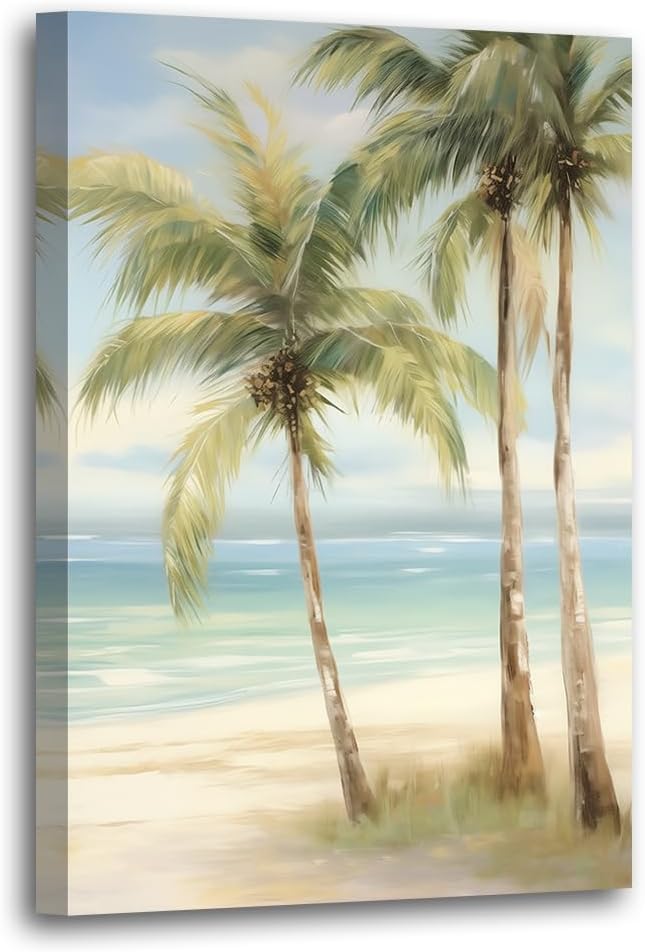 LURENCZH Tropical Beach Canvas Wall Art Seaside Palm Tree Picture Wall Decor Ocean Scenery Painting Prints for Bathroom Decor Framed(Beach-3,24.00" x 36.00")