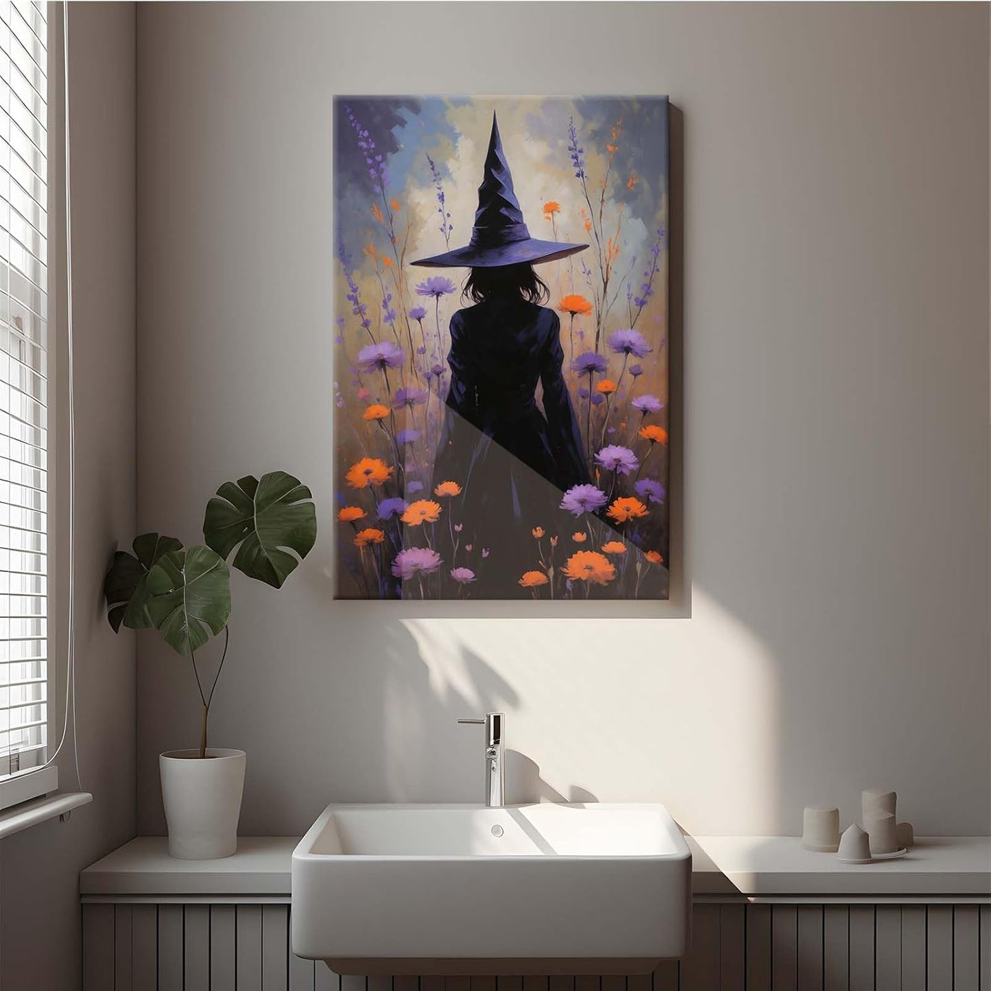 JFHCQJPK Country wildflower witch canvas print halloween mashup art witch purple decoration bohemian elegant art poster12x16in Frameless
