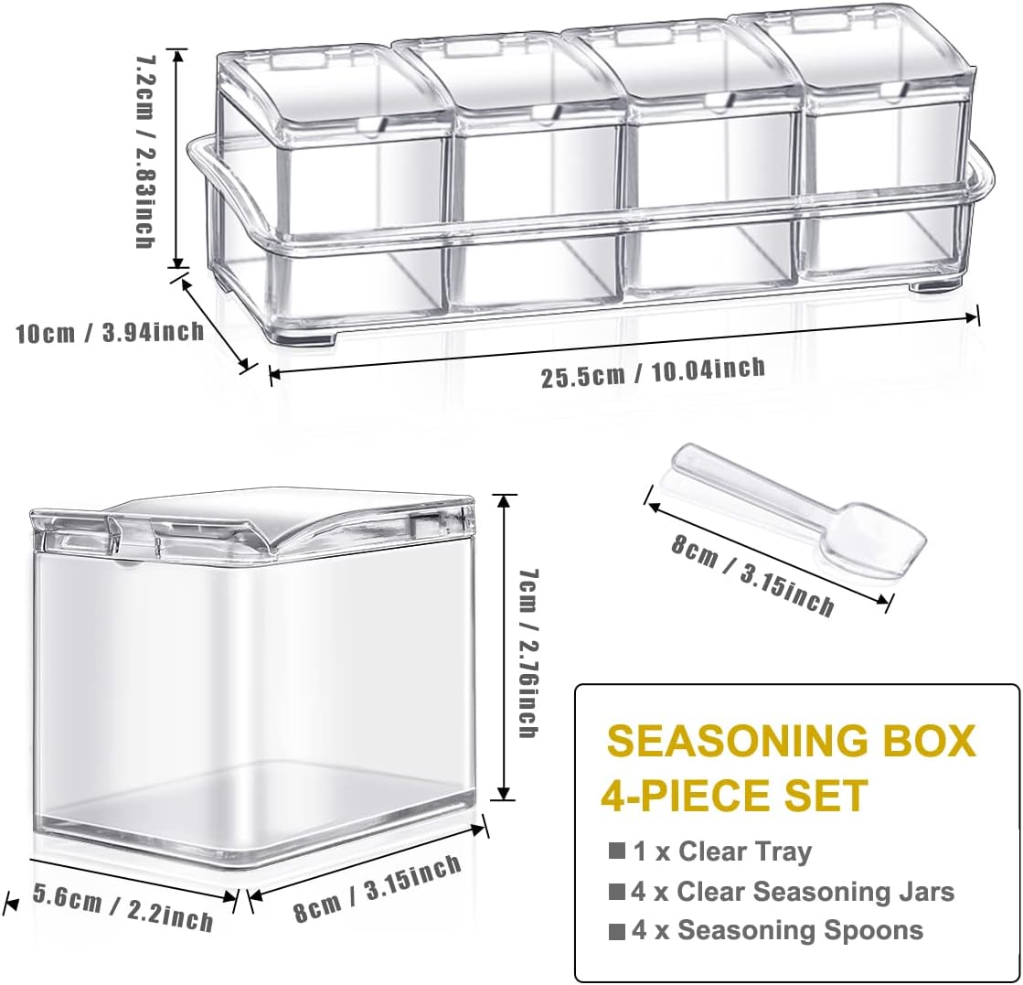 Clear Seasoning Box 4 PCS/Set, Acrylic Seasoning Rack Seasoning Storage Container Condiment Jar Spice Box Spice Jar Spice Pot Spice Rack with Spoon & Lid & Tray for Salt Pepper Sugar (#A)