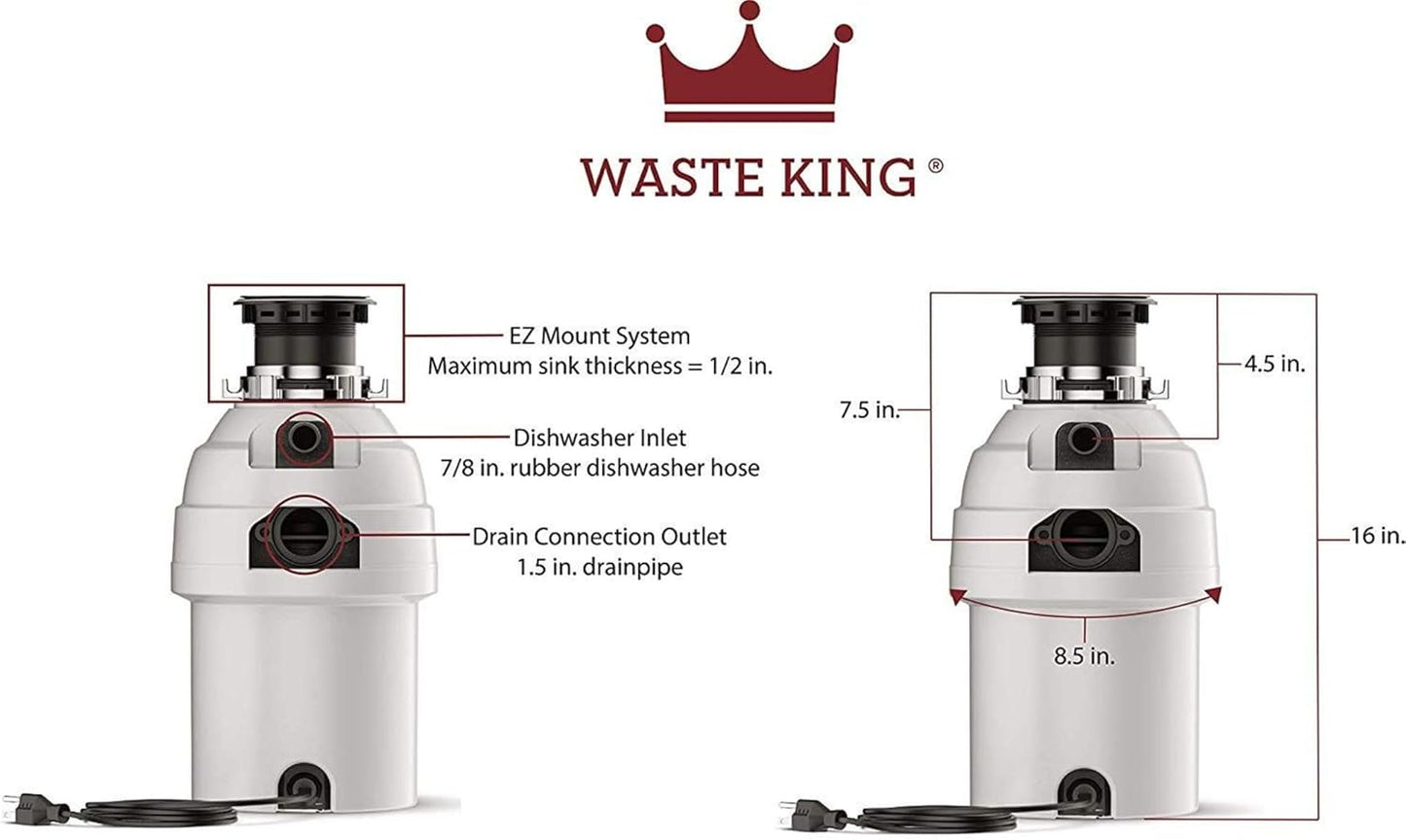 Waste King Garbage Disposal for Kitchen Sink with Power Cord, Food Waste Disposer, L-8000