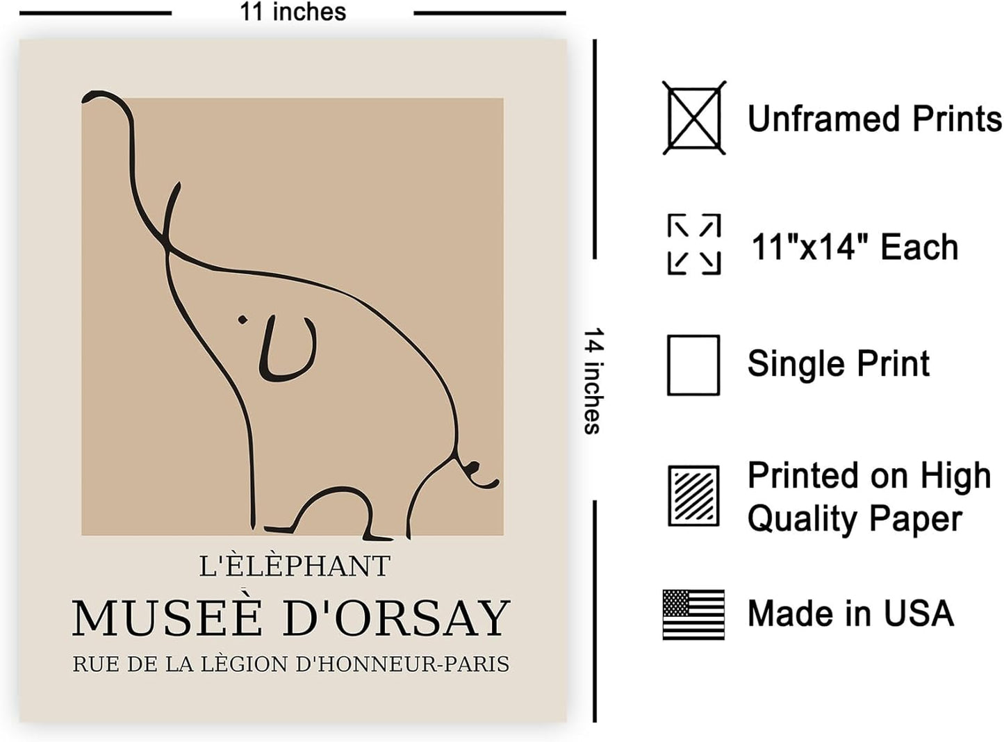 Poster Master Vintage Poster - Retro Elephant Print - Line Drawing Art - Sketch Wall Art - Gift for Boys & Girls - Cute Wall Decor for Bedroom, Kid's Room or Nursery - 11x14 UNFRAMED Wall Art