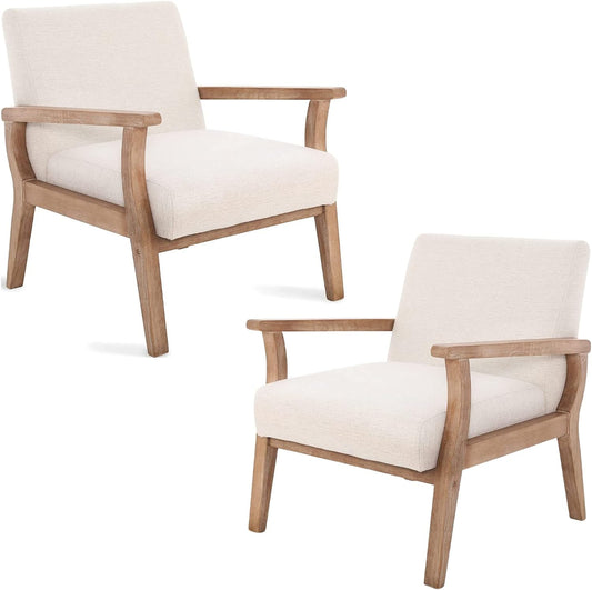 Beige Accent Chair Set of 2 Mid Century Modern Living Room Armchair Wood Sitting Chair Linen Fabric Upholstered Side Chair for Bedroom Cream