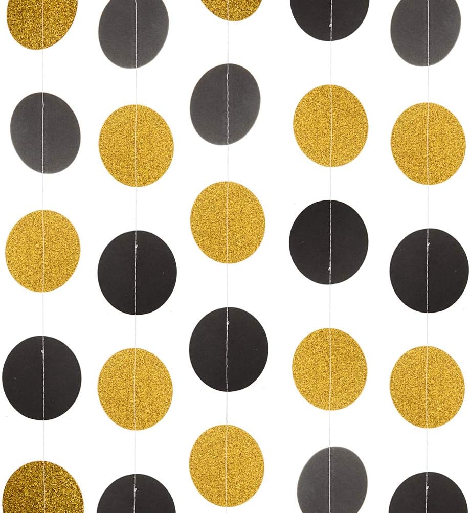 WEVEN Black and Glitter Gold Paper Garland, Circle Dots Banner Bunting Streamer Hanging Party Decorations, 2.5" in Diameter, 20 Feet in Total