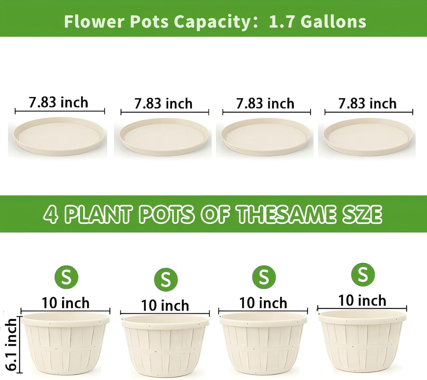 Quarut 10 inch Plastic Flower Pots for Indoor Plants，4 Pack Large Outdoor Planter Pot with Drainage Holes & Saucers，Imitation Wine Barrel Design，for Indoor Outdoor Garden Plants（White）