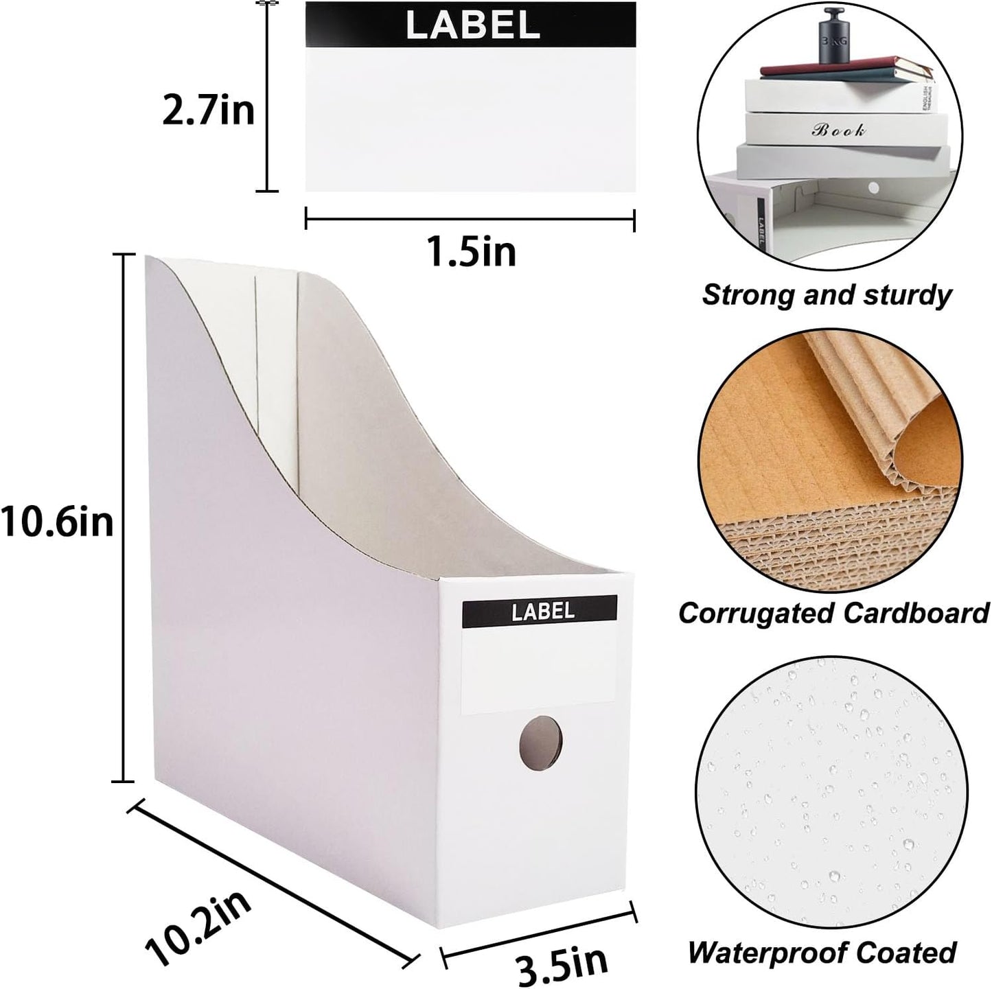 24 Pack White Cardboard Magazine File Holder for Desk, Shelves, Office or Home, Vertical Book Bins for Classroom and Library Use, 10.6'' H×10.2'' L ×3.5''W Folder Organizer Box