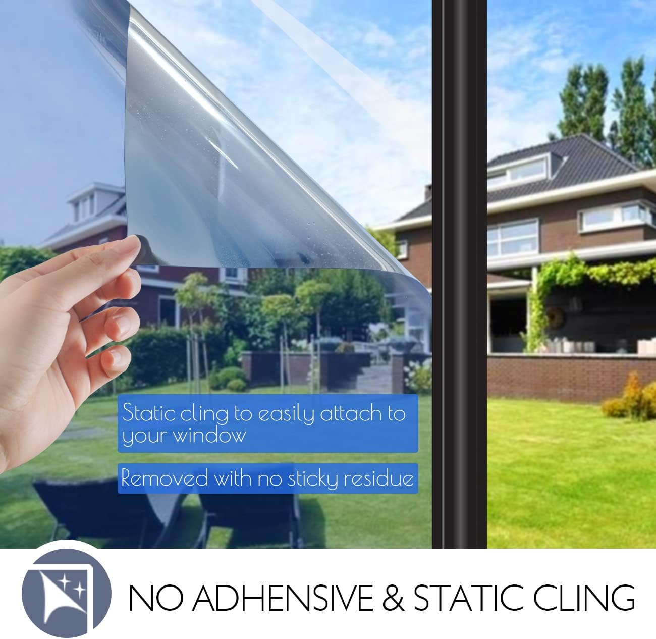 HIDBEA One Way Window Film Daytime Privacy, Heat Blocking Anti UV Reflective Mirror Window Tint for Home, Non-Adhesive Self Static Cling Window Stickers (Blue-Silver, 35.4 Inch x 32.8 Feet)