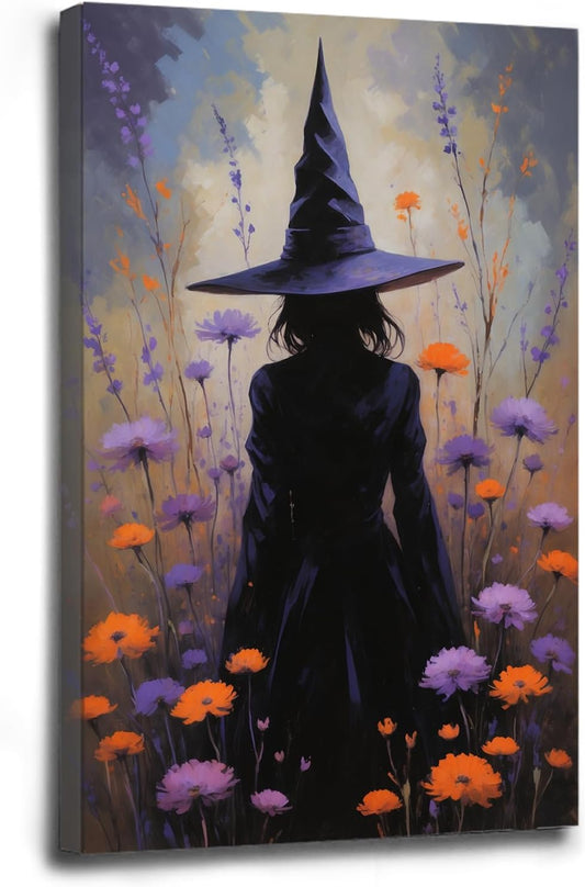 Country wildflower witch canvas print halloween mashup art witch purple decoration bohemian elegant art poster20x30in Wood Framed