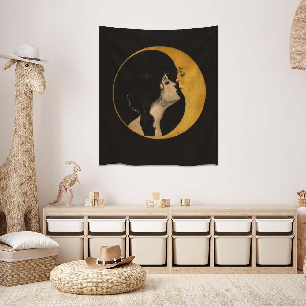 Dark Academia Woman Kissing Moon Art Tapestry Gothic Aesthetic Wall Hanging Witchy Picture Print Moon Goddess Tapestries Wall Decor for Living Room Bedroom Dorm 50x60inch