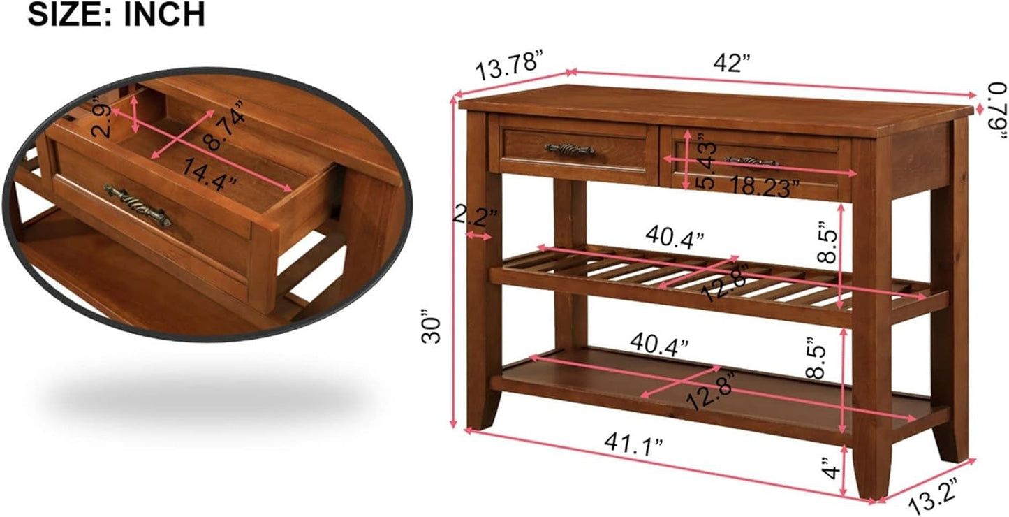 Solid Wood Console Table Entryway Table with Storage Drawers and Shelves Sofa Tables (42" Brown)