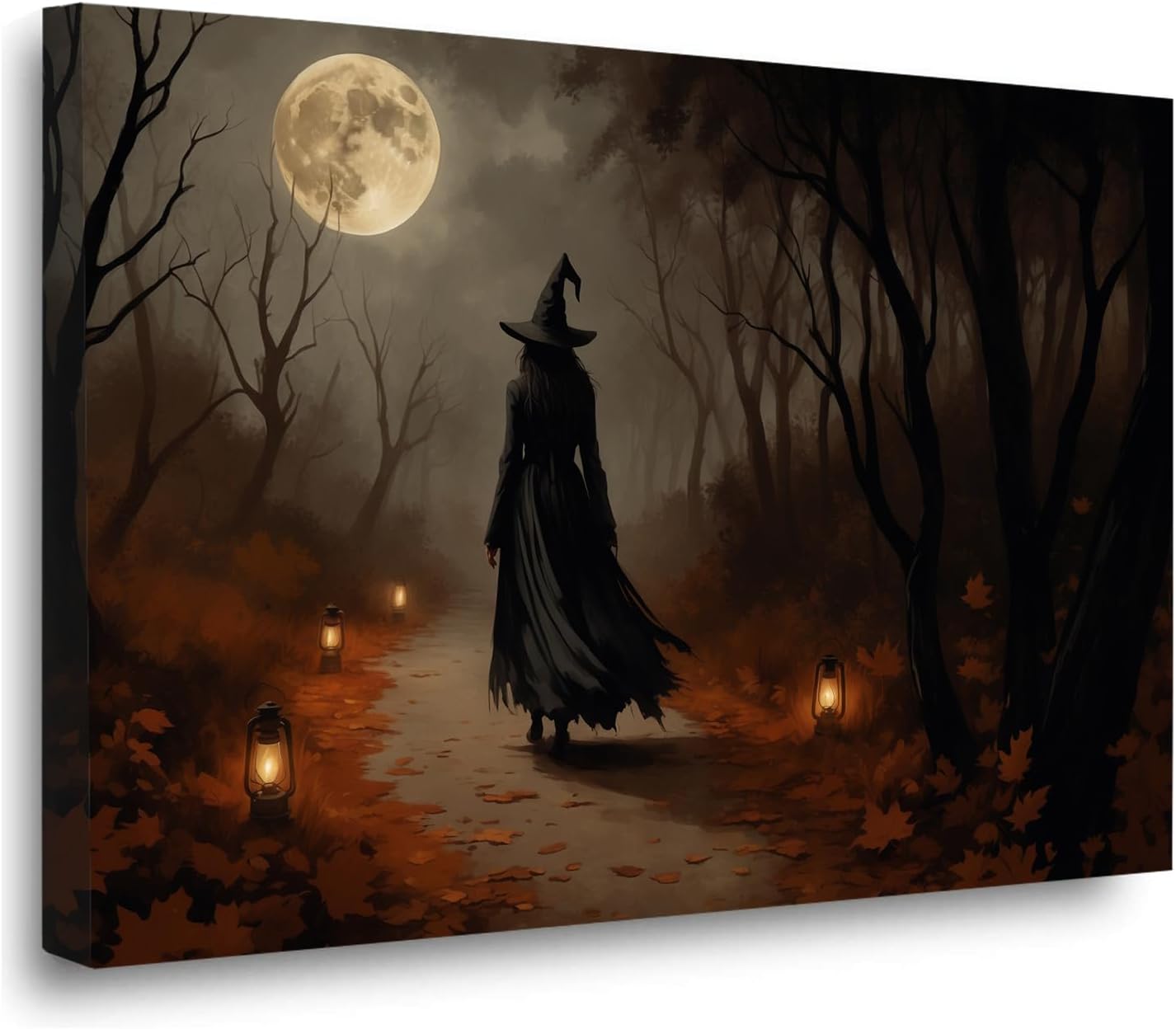 Moonlight witch poster dim lantern Halloween decoration Gothic style dark retro college style canvas wall art suitable for living room bedroom28x40in Wood Framed