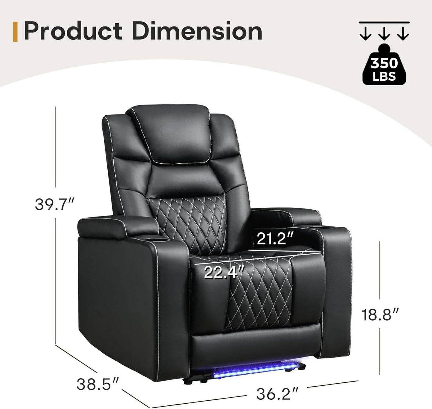 ANJ Power Home Theater Recliner Chair Set of 2, Electric Movie Theater Seating Reclining Chairs with Cup Holders for Living Room, Faux Leather with Blue LED, USB Ports, Hidden Arm Storage (Black)