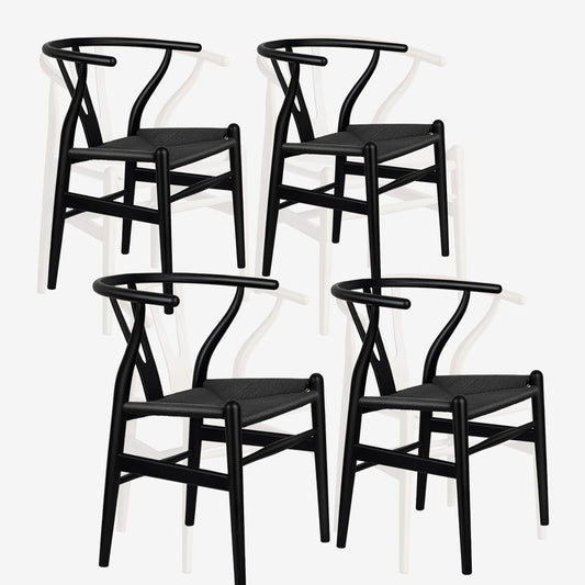 Wishbone Chair Natural Solid Wood Dining Chair/Hans Wegner Y Chair Rattan and Wood Accent Armrest Chairs Set of 4 (Ash Wood + Black 4 Chairs)