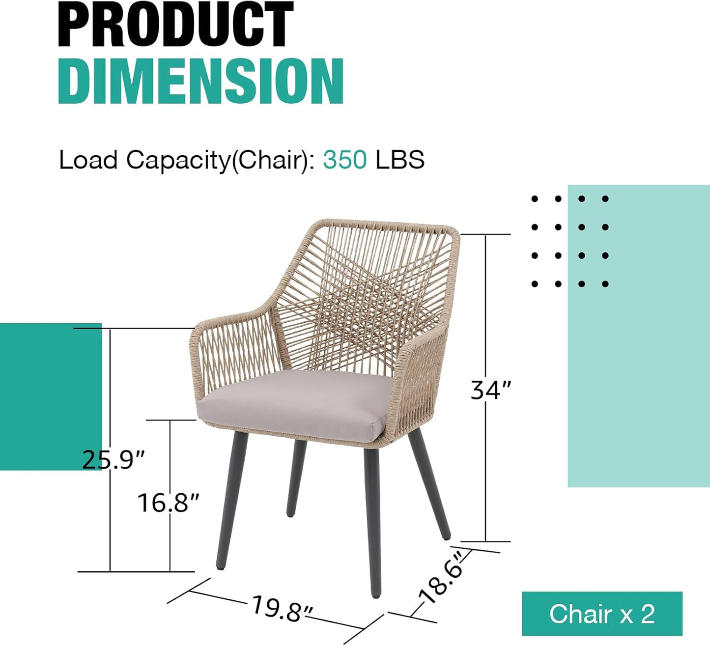 Patiorama Patio Dining Chair Set of 2, Woven Rope Outdoor Dining Chairs w/Steel Frame, All-Weather Twisted Rattan Chairs w/Armrest & Cushion, Outdoor Dining Wicker Chairs for Backyard Garden(Beige)