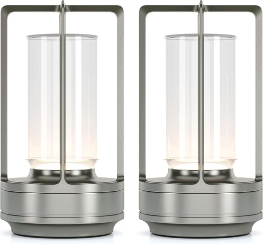 Portable Metal Table Lamp for Indoor/Outdoor ,Rechargeable Cordless LED Lamp, 3-Colour Infinitely Dimming Battery Powered Small Desk Lamp, Restaurant/Bedroom/Bar/Coffee/Camping Light (Sliver Set of 2)