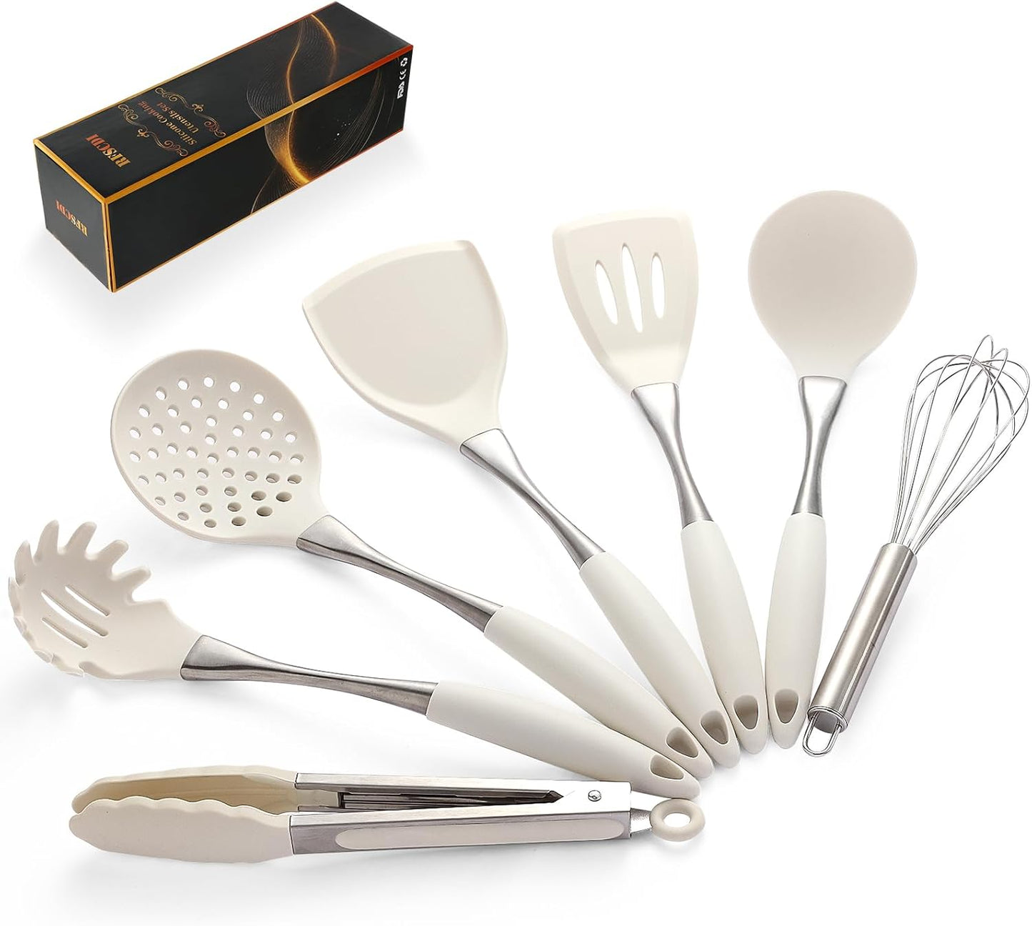 Premium White Silicone Cooking Utensils Set-Non-Toxic, Heat Resistant, BPA Free Kitchen Utensils Set with Spatula, Spoon, Whisk & Tongs-Non-Stick& Dishwasher Safe for Nonstick Cookware