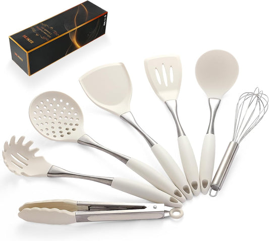 Premium White Silicone Cooking Utensils Set-Non-Toxic, Heat Resistant, BPA Free Kitchen Utensils Set with Spatula, Spoon, Whisk & Tongs-Non-Stick& Dishwasher Safe for Nonstick Cookware