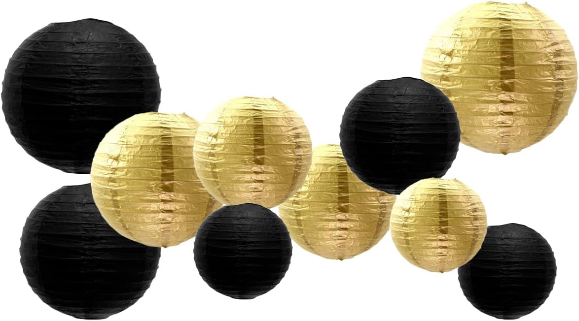 Paper Lanterns Decorations,Paper Hanging Decorations Ball Lanterns Lamps for Birthday Parties, Wedding Decor, （10 Pcs,4 in/6 in/8 in/10 in,Black/Gold）
