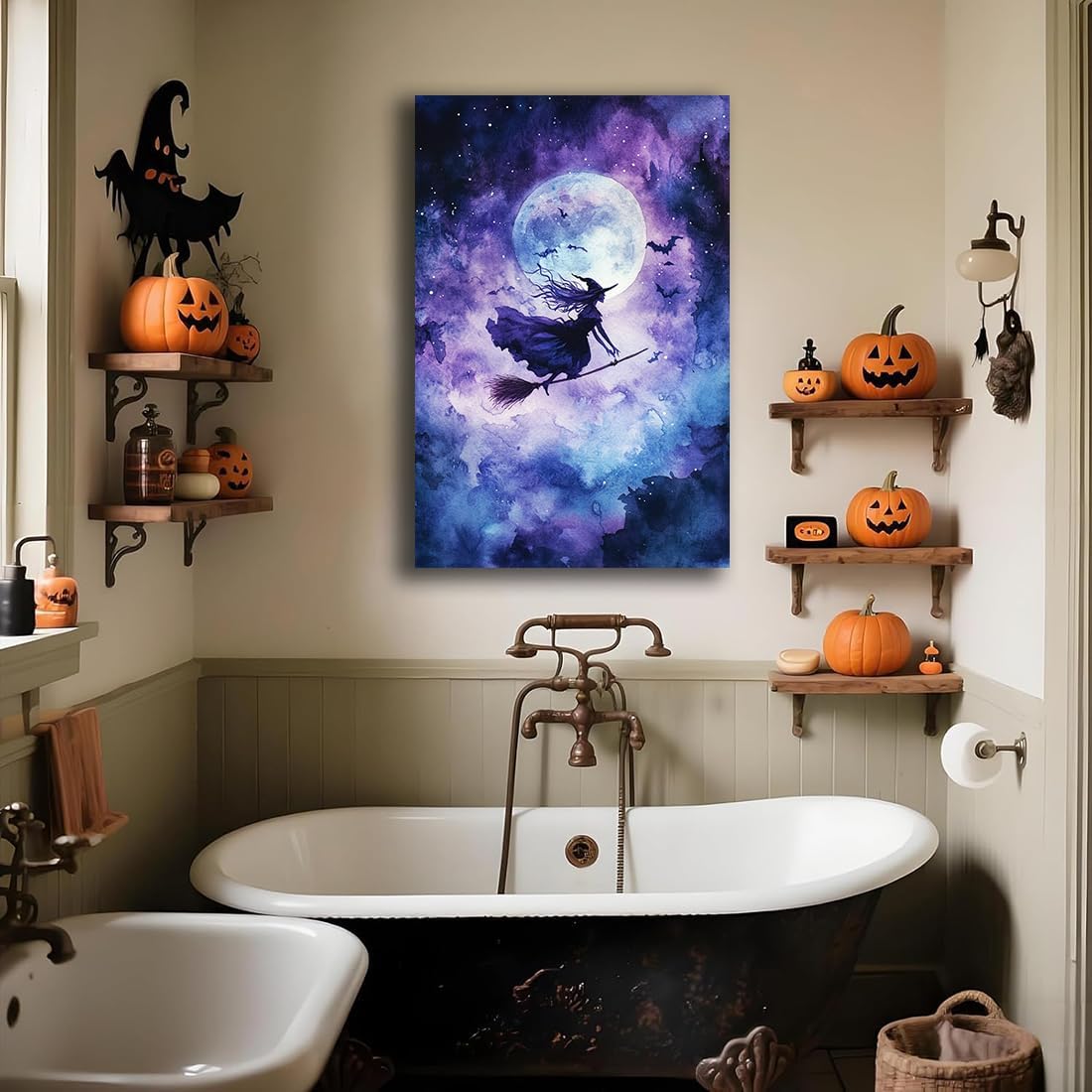 Witch On Broom Flying Wall Art,Gothic Halloween Canvas Wall Art,Victorian Witch Silhouette In Moonlight Broomstick Poster Pictures,Creepy Halloween Purple Night Sky Print,12"x18" Framed