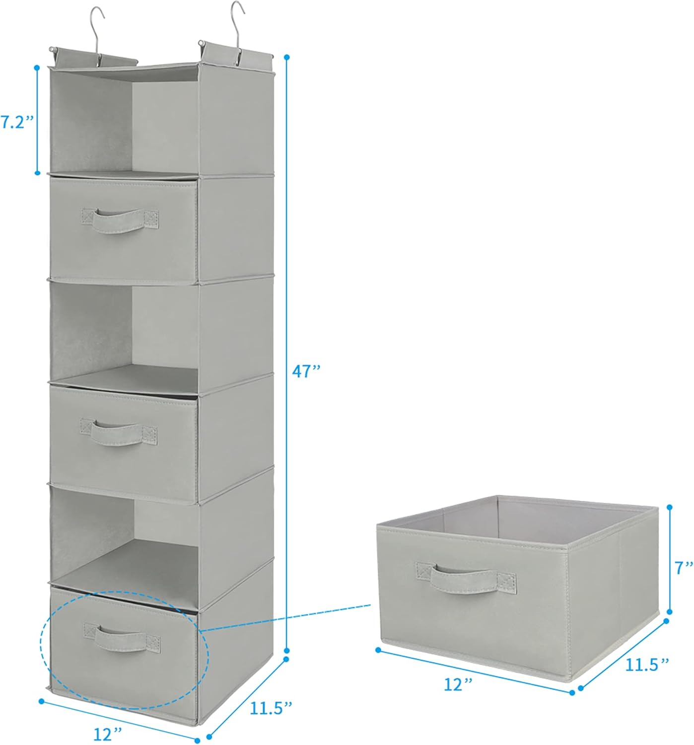 MAX Houser 6 Tier Shelf Hanging Closet Organizer, Closet Hanging Shelf with 2 Sturdy Hooks for Storage, Foldable (Light Grey-D3)