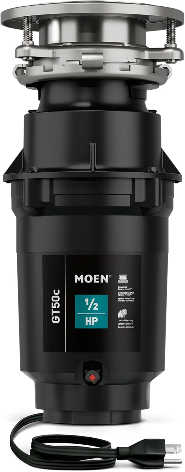 Moen Prep Series Disposer 1/2 Horsepower Continuous Feed Garbage Disposal featuring Fast Track Technology, Power Cord Included, GT50C