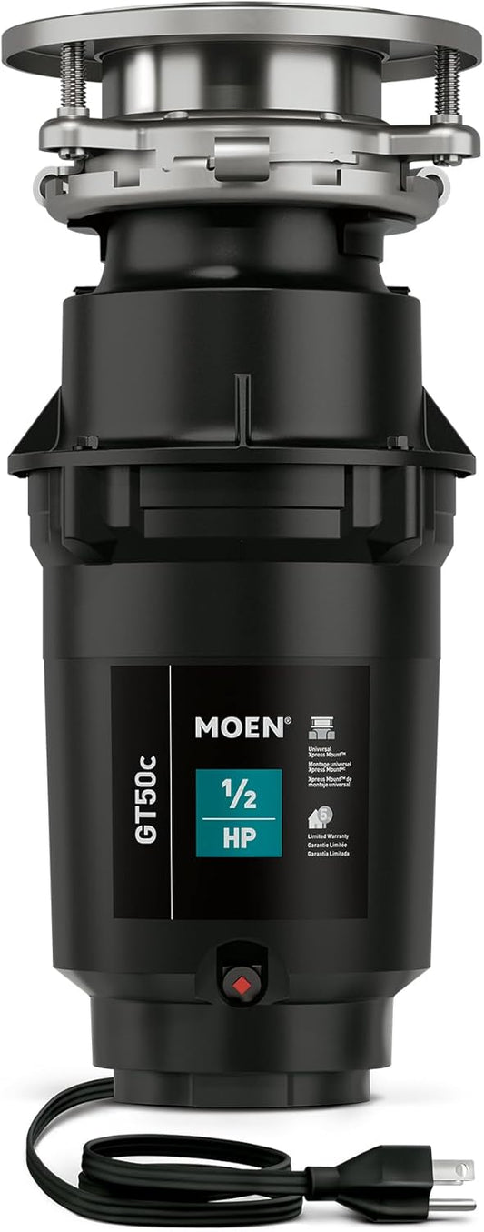 Moen Prep Series Disposer 1/2 Horsepower Continuous Feed Garbage Disposal featuring Fast Track Technology, Power Cord Included, GT50C