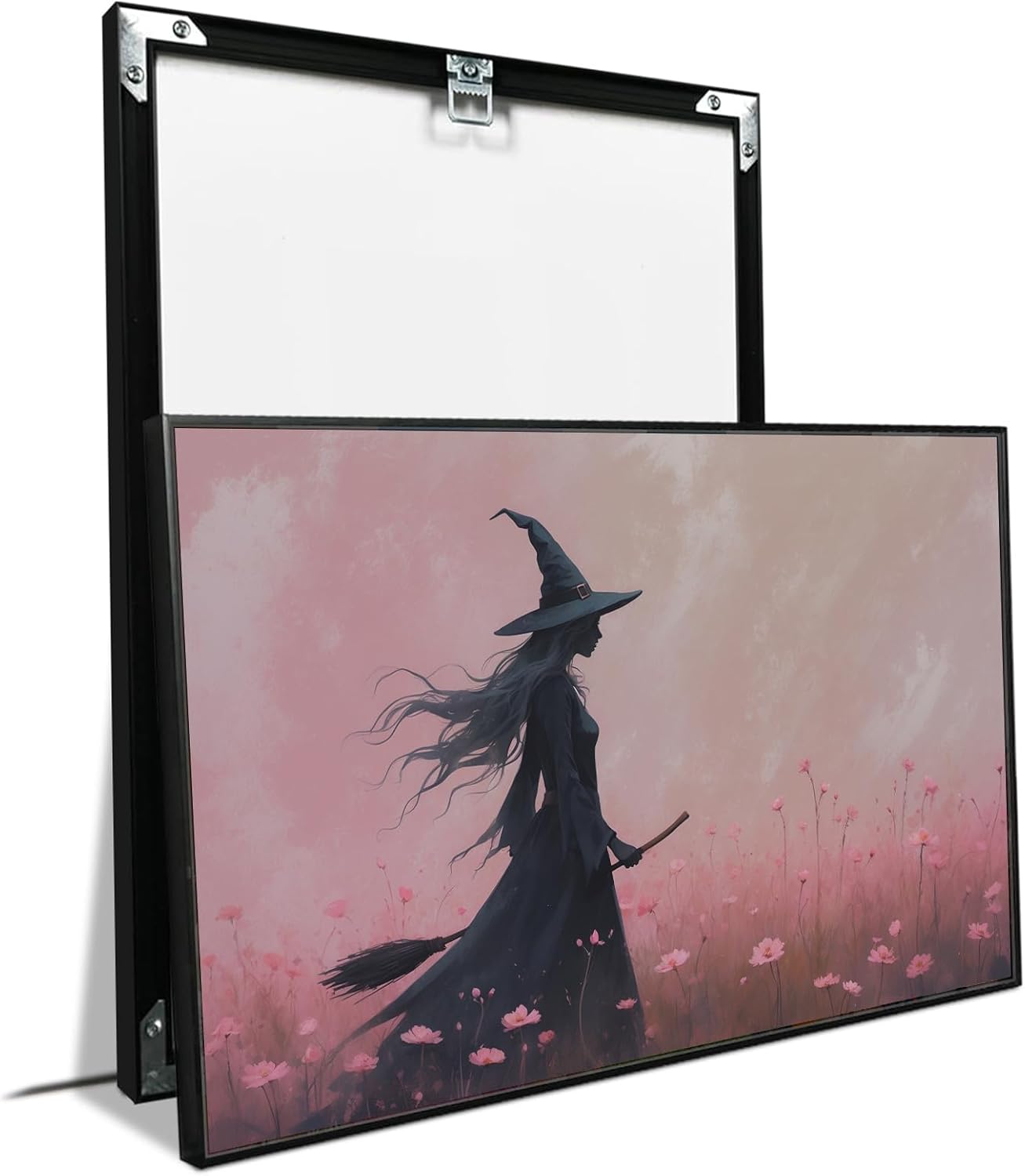 JFHCQJPK Witch in the pink sea of flowers Halloween prints weird flowers wall art silhouette painting fashionable romantic decoration suitable for bedroom20x30in Metal blackFramed