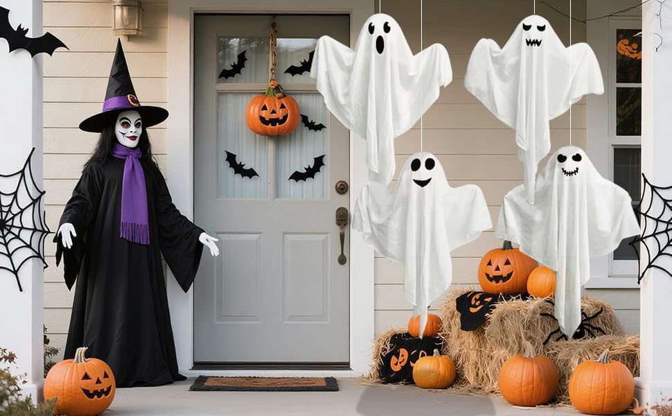 4 Pack Halloween Hanging Ghosts with LED Lights, 27.5 Inch Light Up Ghost Decorations for Indoor Outdoor, Lawn Yard Tree Hanging Halloween Ornaments, Spooky Lighted Party Supplies
