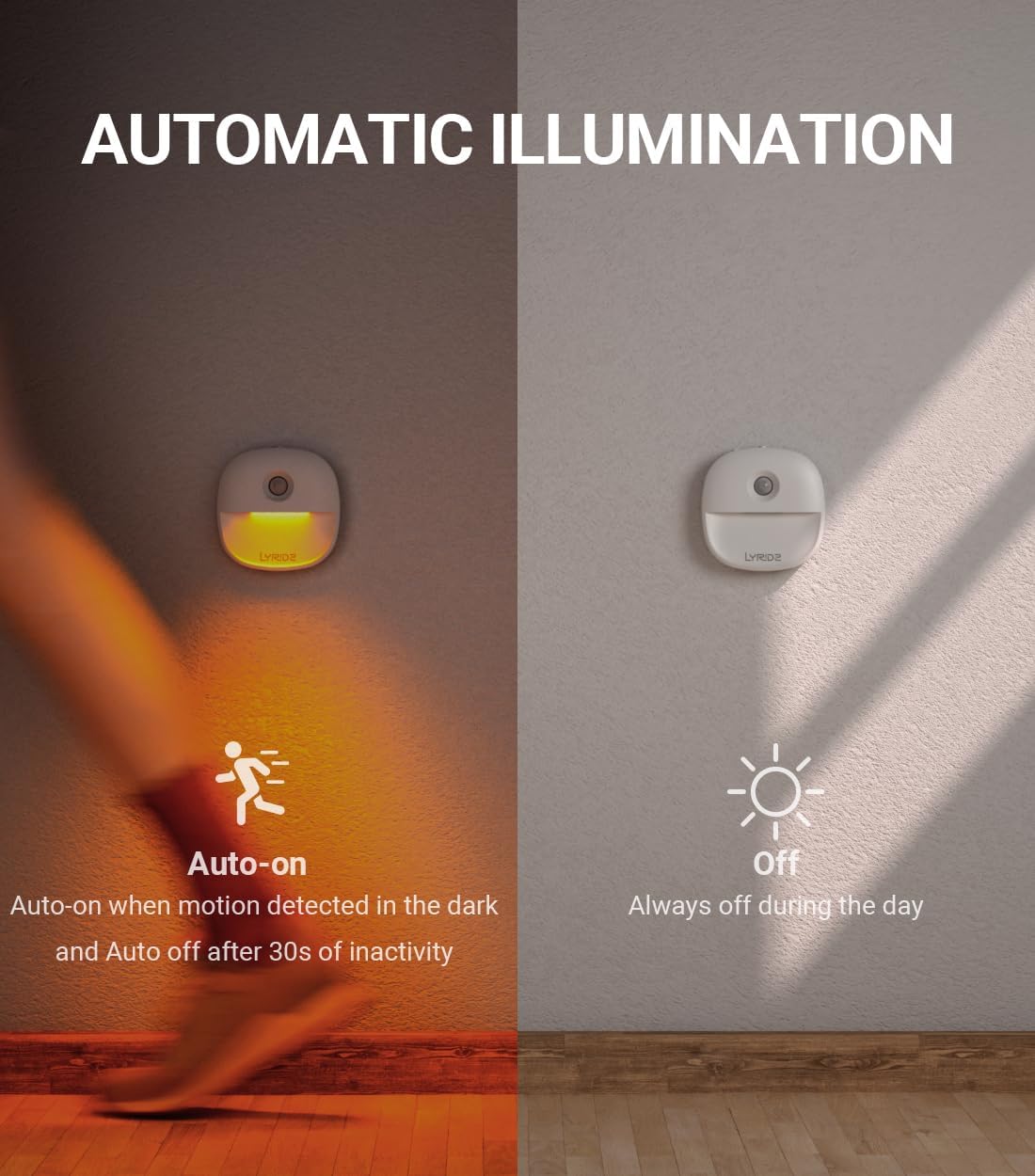 Lyridz Rechargeable Battery Night Light with Motion Sensor, Dimmable Amber Nightlights for Bathroom, Bedroom, Hallway, Stairs, Pet House, 3 Pack