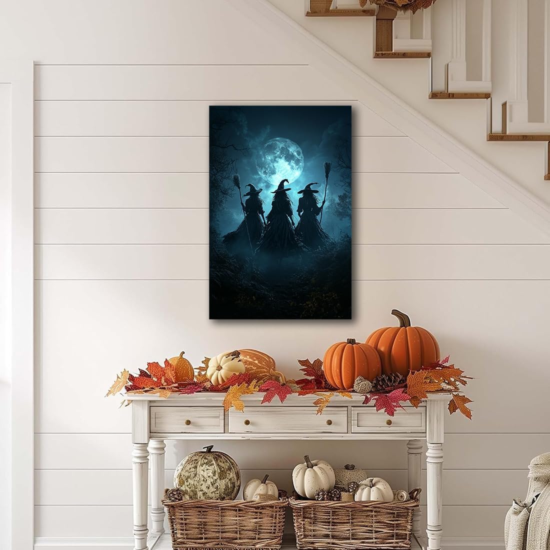 Moonlight Witches Halloween Canvas Art Picture,Three Witches on Broom in Forest Painting Print Gothic Decor,Halloween Witch Poster Witchy Room Aesthetic Bedroom Home Decorations,20"x30" Framed