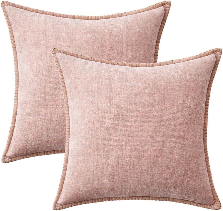 MIULEE Pack of 2 Couch Throw Pillow Covers 16x16 Inch Pink Farmhouse Valentine Decorative Pillow Covers with Stitched Edge Soft Chenille Solid Dyed Spring Pillow Covers for Sofa Bed Living Room