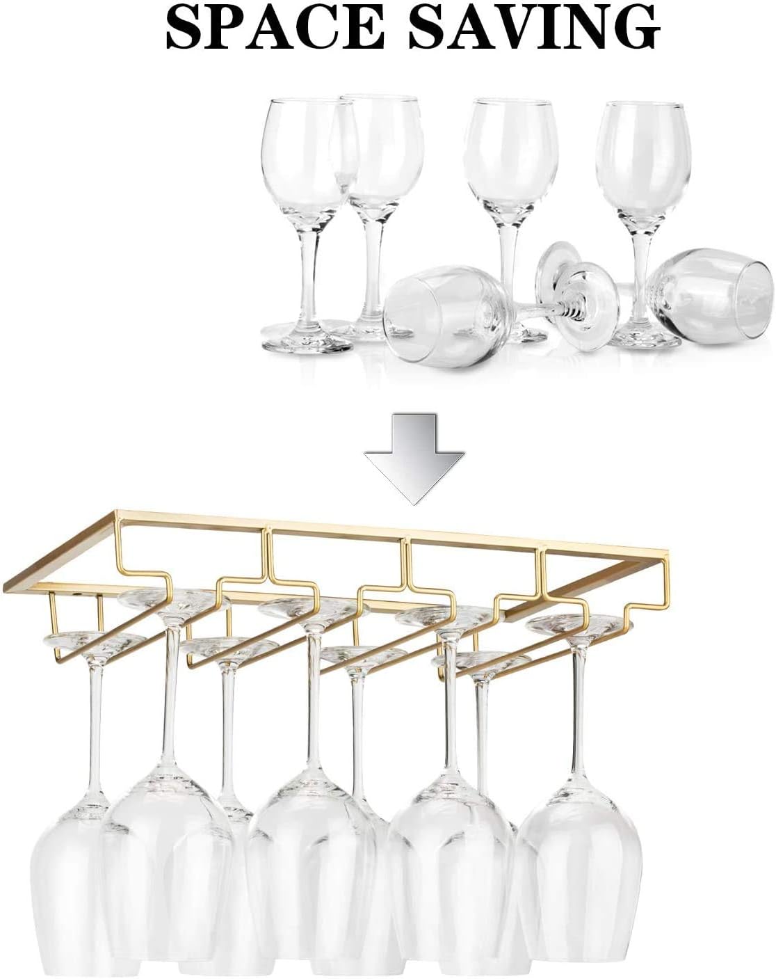 Wine Glass Rack - Under Cabinet Stemware Wine Glass Holder Glasses Storage Hanger 2 Pack Metal Organizer for Bar Kitchen 4 Rows Gold