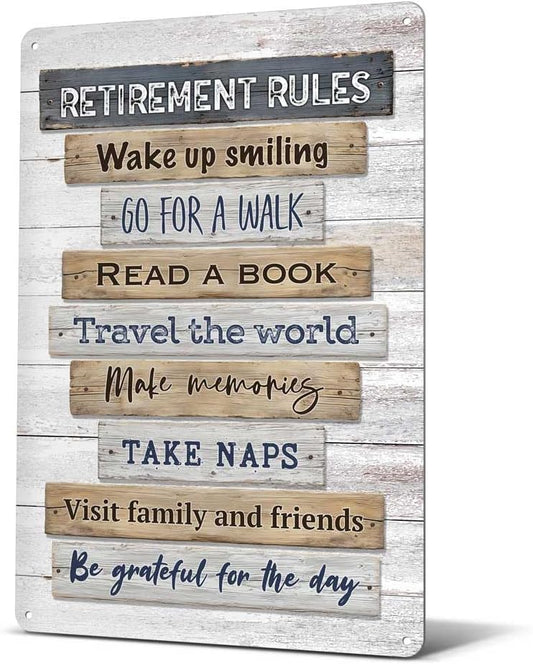 Heuhuww Retirement Gifts,Vintage Retirement Rules Metal Sign for Party Home Room Decorations Retiree Gift Ideas 12"x8"(H21)