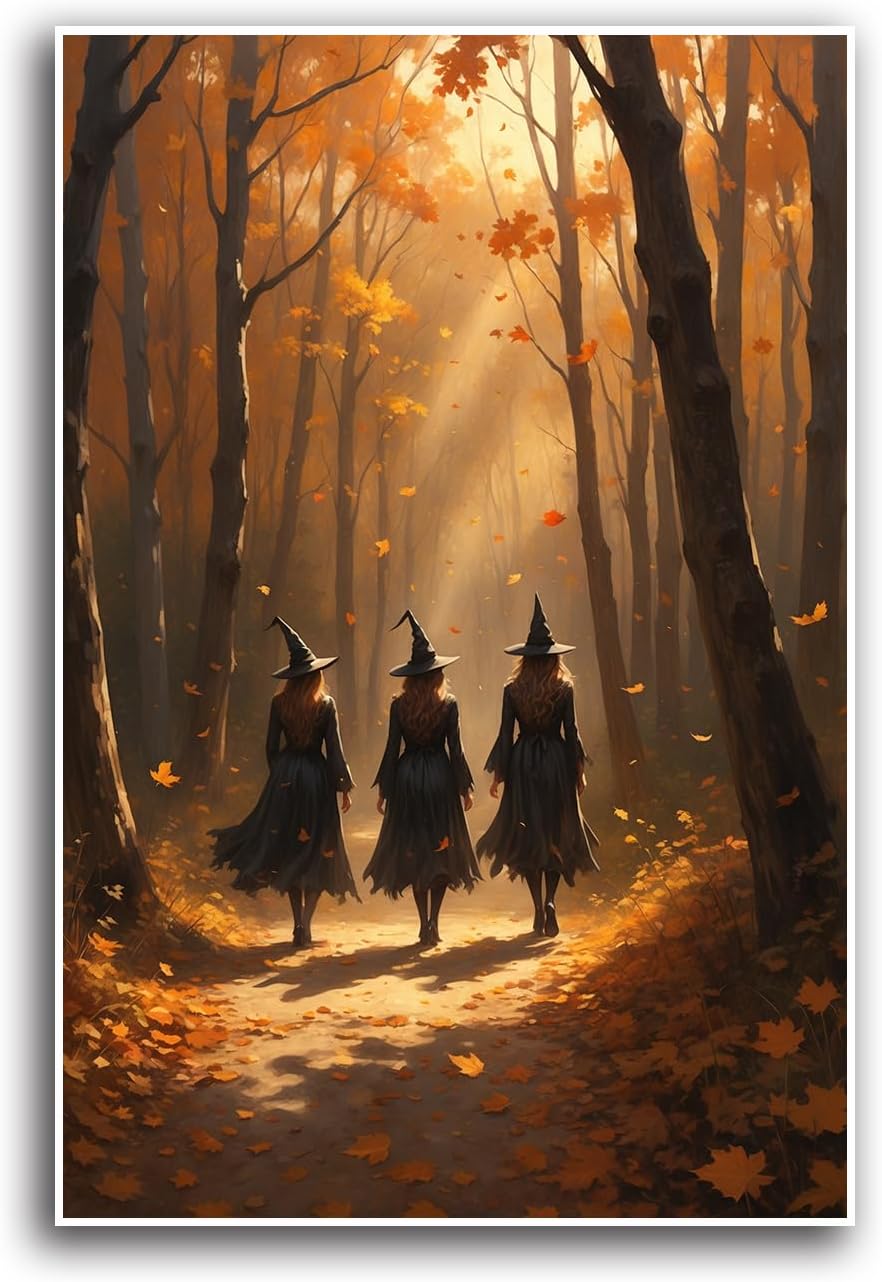 JFHCQJPK Three witches walking in the forest in autumn canvas painting gothic poster halloween print country witch wall art for home decoration12x16in Frameless