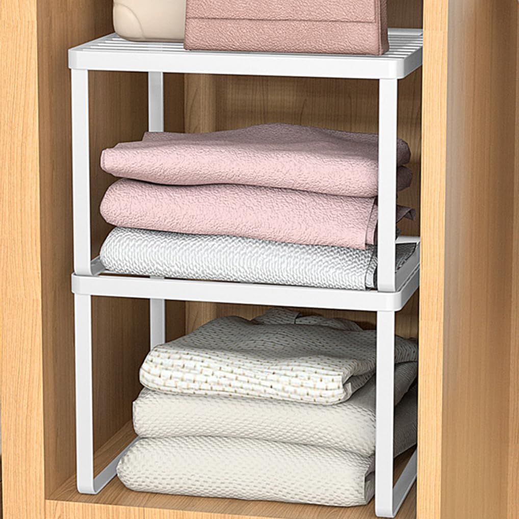 Kitchen Cabinet Storage Shelf Stackable Wire Spice Rack Organizer Heavy Duty Space Saver for Bathroom Bedroom Closet Laundry Room Office Countertop - White, Pack 1