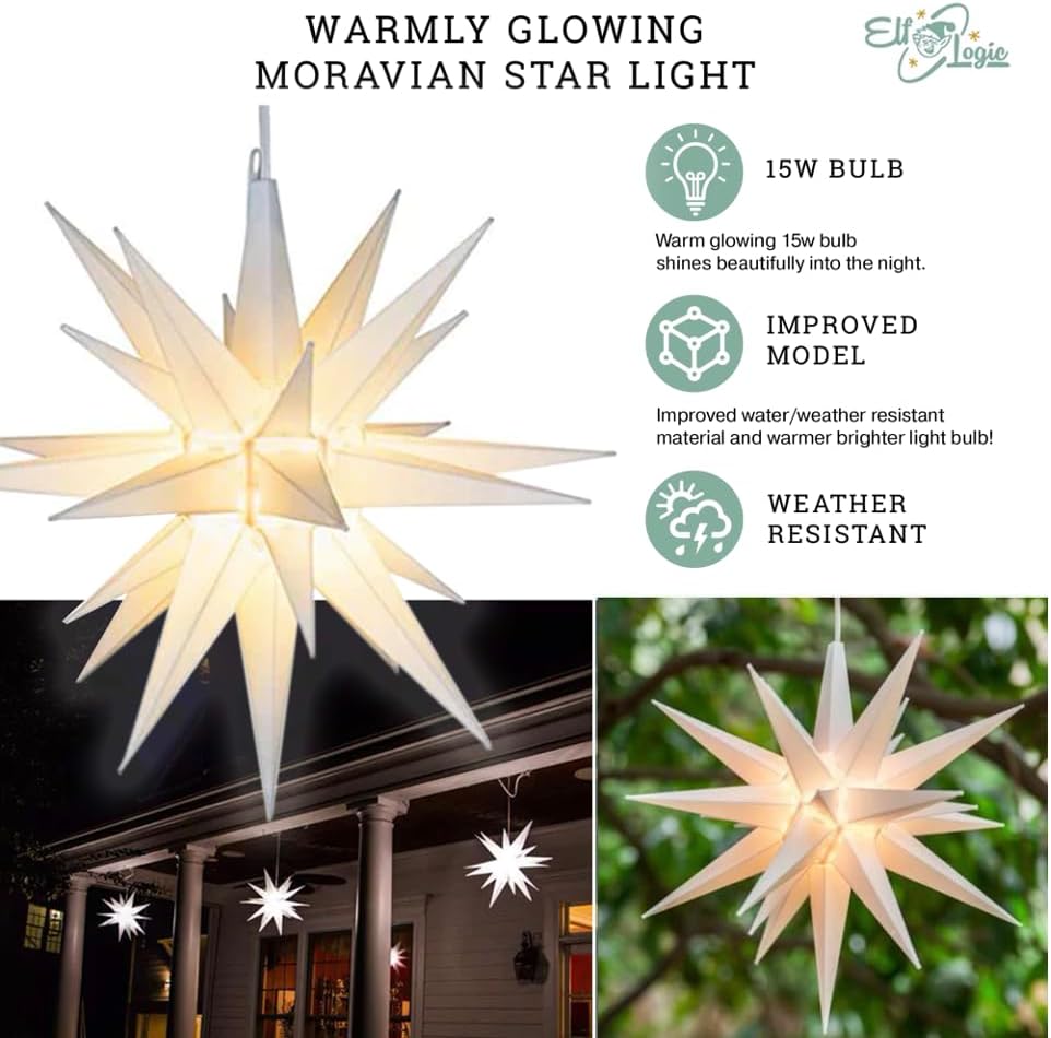 Elf Logic 12" Bright White LED Moravian Star Tree Topper - Hanging Outdoor/Indoor Christmas Tree Star Topper Light - Use as Holiday Decoration, Porch Light, Wedding and Ballroom Venue Decor