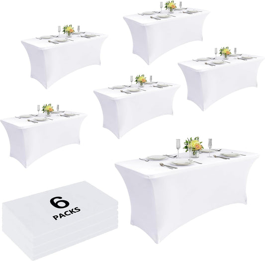 Craft And Party 6 Pack 6ft White Spandex Tablecloth – Fitted Stretch Cover – Universal Fit for Folding Tables – Wrinkle-Free, Washable – Ideal for Parties, Weddings, Events