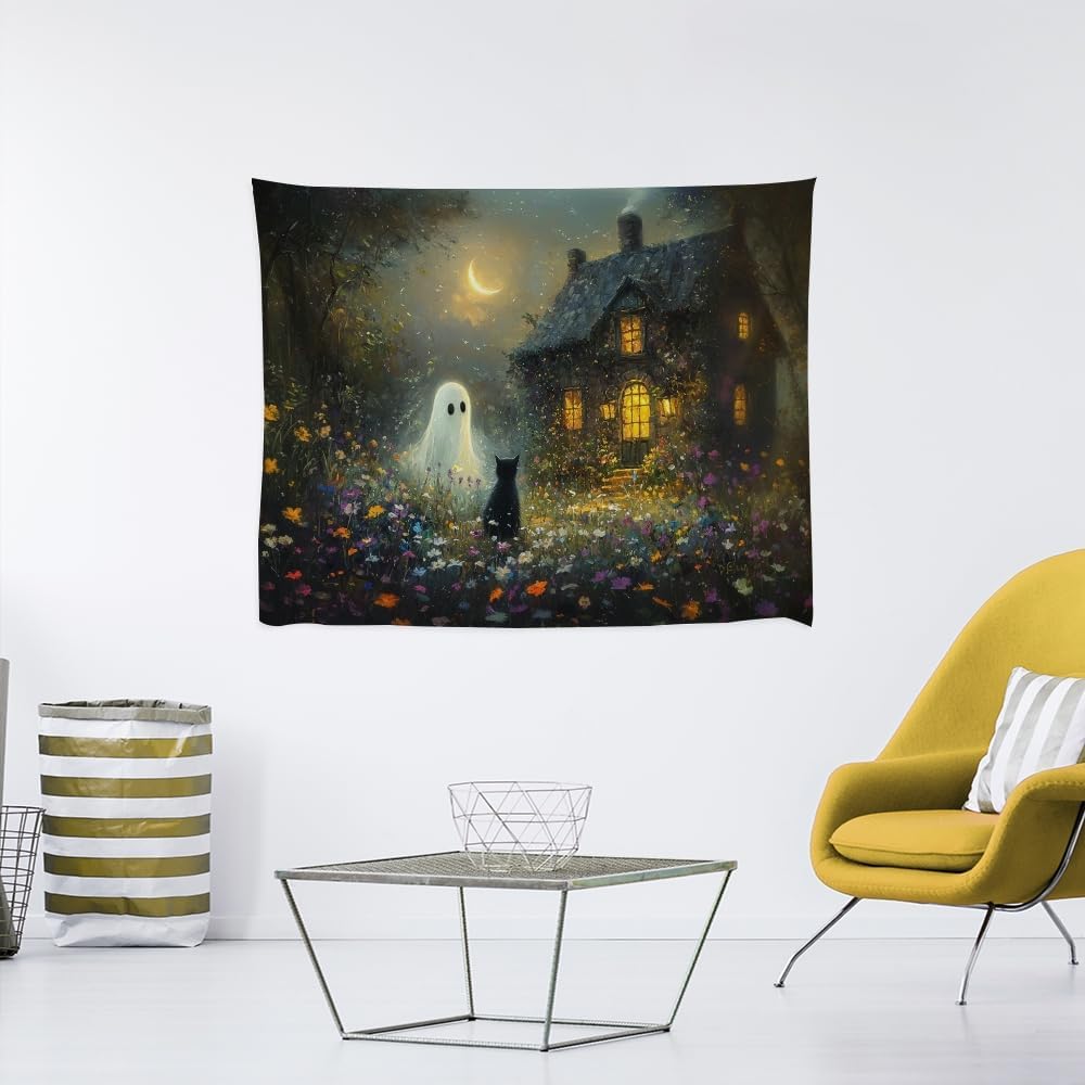 Halloween Black Cat and Ghost Tapestry Wall Hanging for Spooky Cute Bedroom Decor Dark Academia Moon Wildflower Cottage Tapestries Aesthetic for Home Living Room Decoration 50x60inch