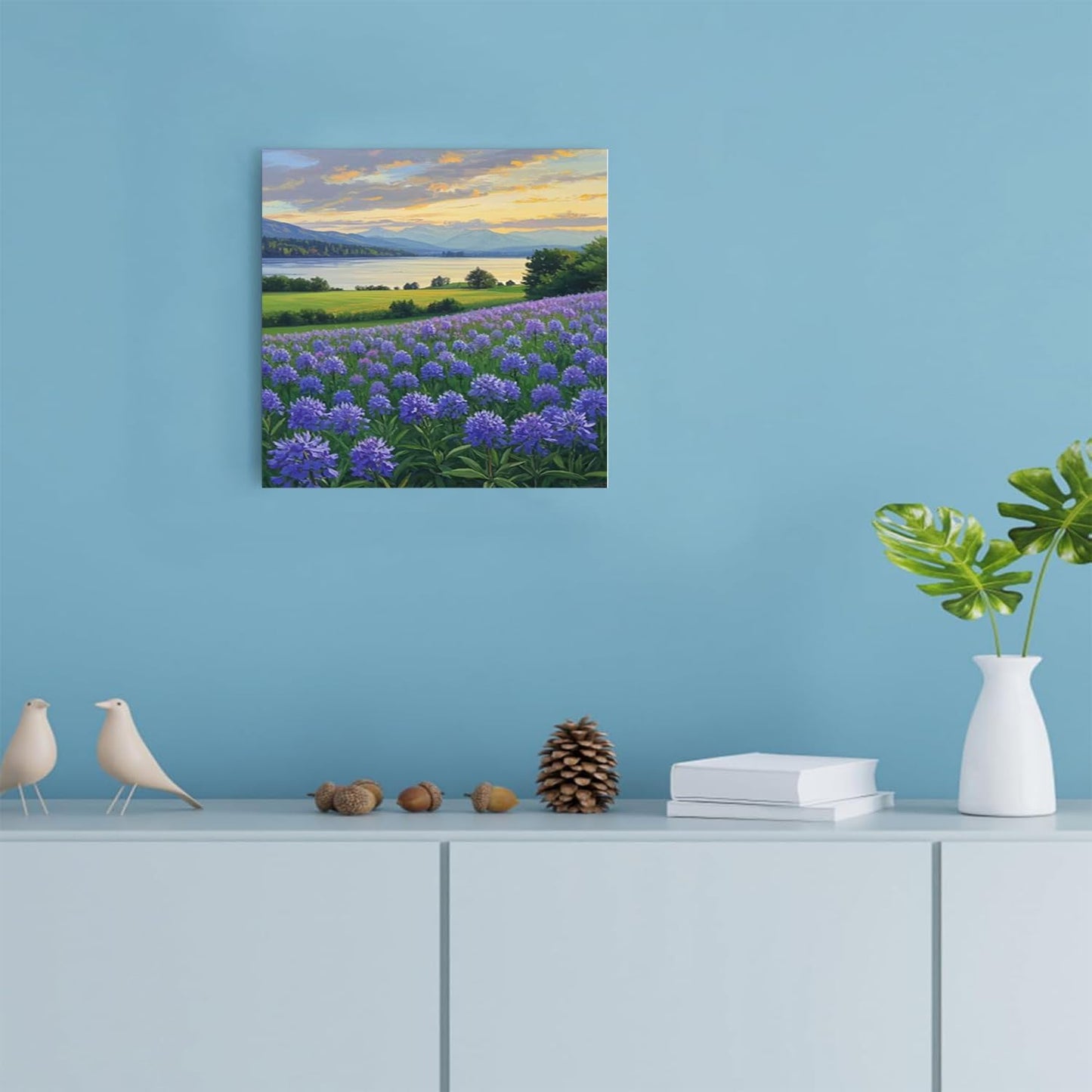 The lavender scenery all over the lake at sunset is suitable for posting in the living room bedroom office landscape poster wall painting