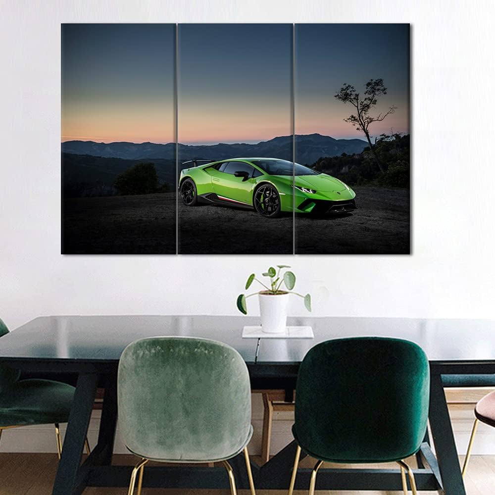 TUMOVO Large Various Types Big Pictures of Racing, Green Canvas Wall Art Framed Sports Car Boys Fast Car Cool Sports Poster 3 Panel 3D Diamond Print Painting - 40 x 20inch x 3 Panels