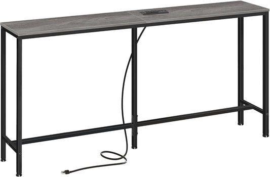 SUPERJARE Console Table with Outlet, 63 Inch Sofa Table with Charging Station, Narrow Hallway Entryway Table, Behind Couch Table Skinny for Entryway, Living Room, Plants, Charcoal Gray