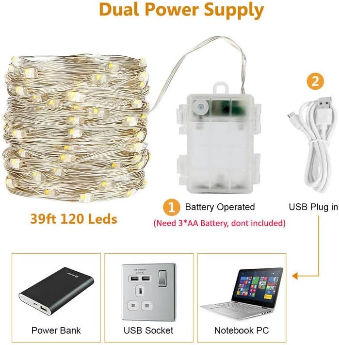 USB and Battery Operated Fairy Lights, 39Ft 120 LED Color Changing Fairy Lights with Remote and Timer, Battery Powered Twinkle String Lights for Bedroom, Party, Indoor Christmas Party Halloween Decor