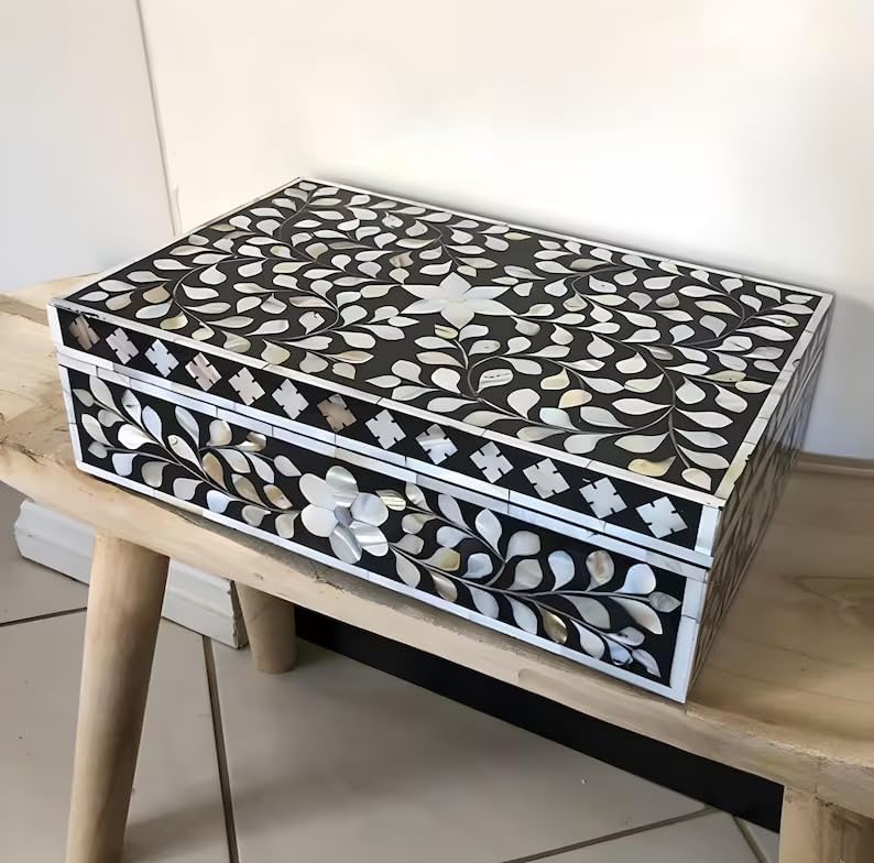 Decorative Wooden Storage Box with Mother of Pearl Inlay – Elegant Floral Design – Perfect for Home Décor in Living Room, Dining Area, or Bedroom (Black, 12x8x5 inches)