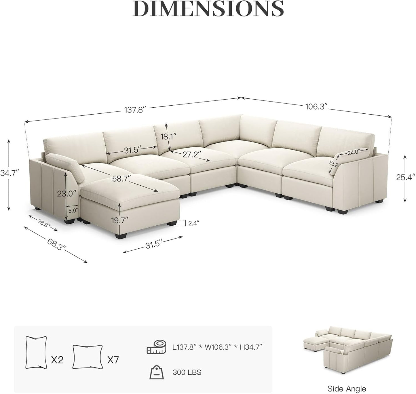 Belffin Oversized Sectional Couch,137.8" 7-Seater U Shaped Modular Sectional Sofa with Ottoman,Convertible Velvet Couches for Living Room,Beige Couch
