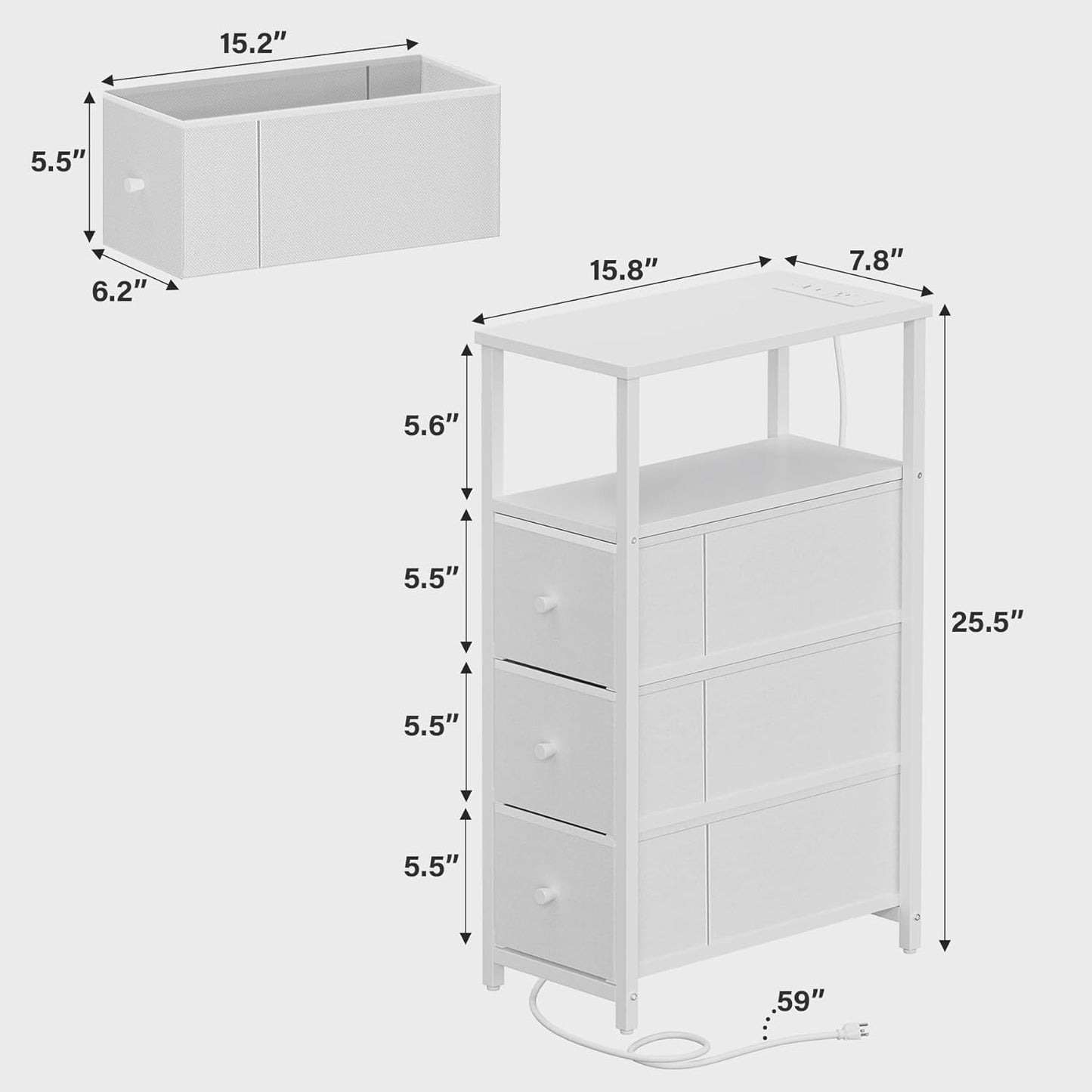 TUTOTAK Narrow Night Stand with Charging Station, Slim End Table with Plugins, Tall Side Table with 3 Fabric Drawer, Small Bedside Table with Storage, Set of 2, Living Room, Bedroom, White TB01BW073