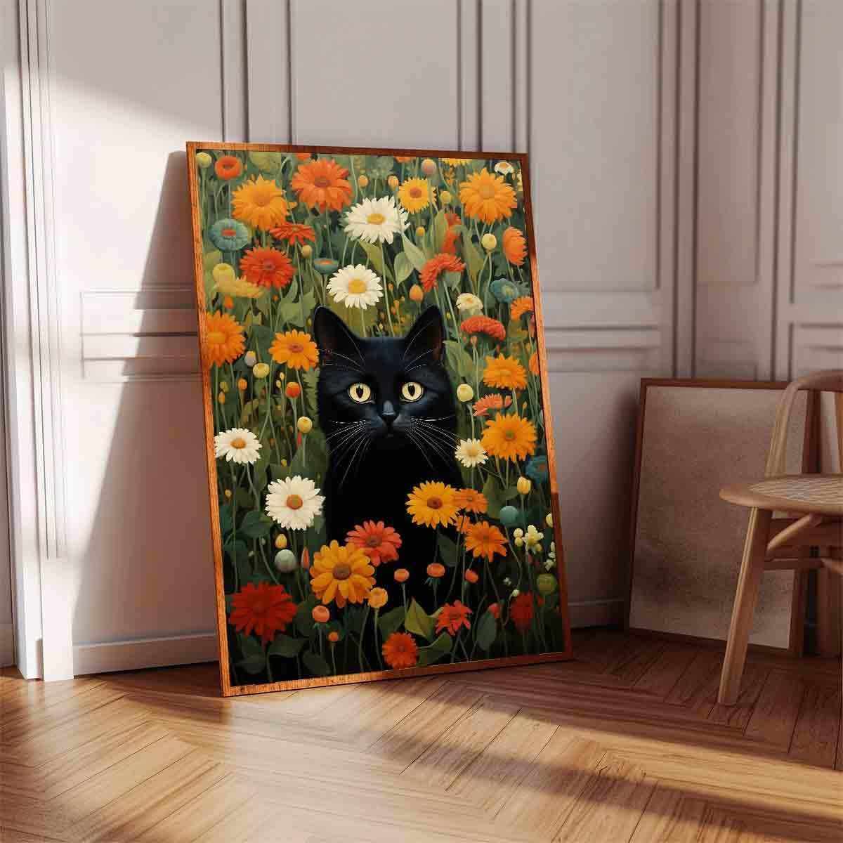 Vlolvfe Black Cat Wall Art Colorful Flower Pictures Funny Cat Painting Green Plant Pictures Colorful Wildflowers Wall Art Cute Animals Floral Picture Aesthetic Living Room Decor 16x24inch No Frame