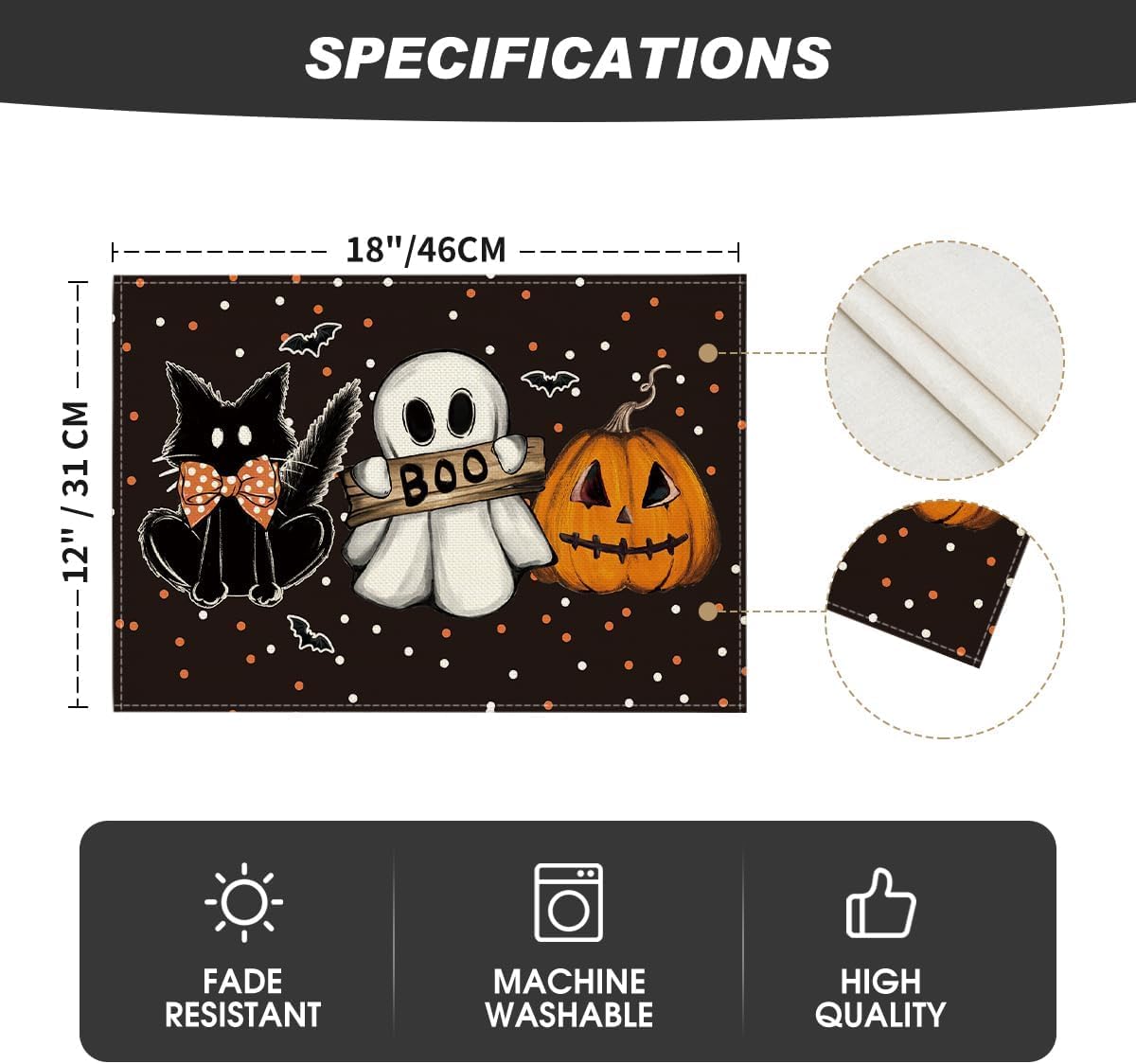 Artoid Mode Polka Dot Ghost Pumpkin Cat Boo Halloween Placemats Set of 4, 12x18 Inch Seasonal Fall Table Mats for Party Kitchen Dining Decoration