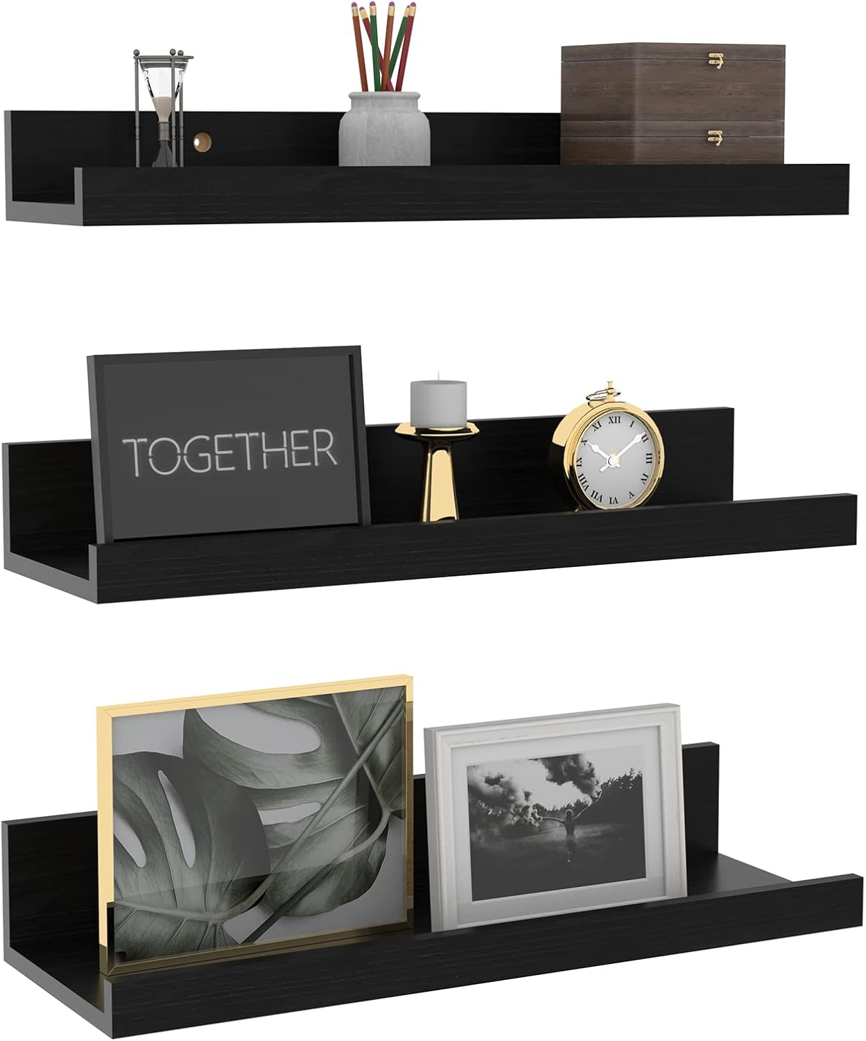 Giftgarden 16 Inch Black Floating Shelves for Wall Mount, Woodgrain Wall Shelf Ledge for Bathroom Bedroom Kitchen Living Room Office Storage, Set of 3 Different Sizes